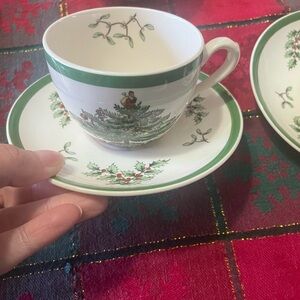 Spode Green and White Holiday Teacup and Saucer Set
